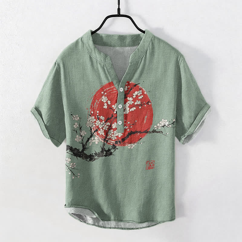 Buddha Stones Camicia da uomo a maniche corte con mezza abbottonatura, stampa a fiori di pruno e sole, in cotone e inchiostro. - Verde Mare Scuro - US/UK/AU50, EU60 (5XL) - image 7
