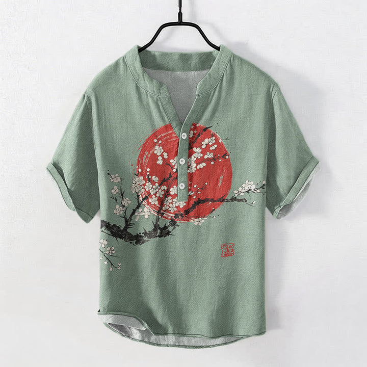 Buddha Stones Camicia da uomo a maniche corte con mezza abbottonatura, stampa a fiori di pruno e sole, in cotone e inchiostro. - Verde Mare Scuro - US/UK/AU50, EU60 (5XL) - image 7