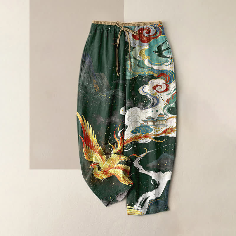 Buddha Stones Eleganti pantaloni da donna in puro cotone con elastico in vita e tasche, fantasia fenice e nuvole. - Verde scuro - US16, UK/AU20, EU48 (3XL) - image 4