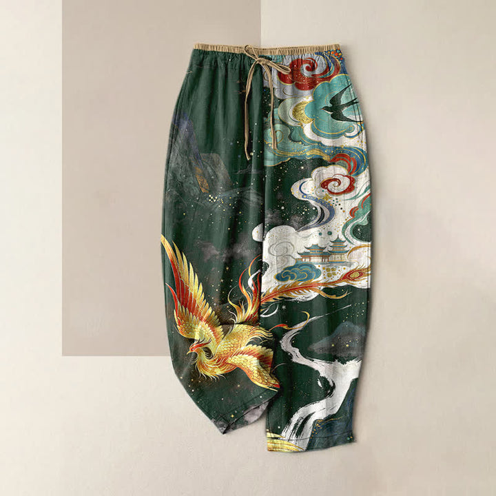 Buddha Stones Eleganti pantaloni da donna in puro cotone con elastico in vita e tasche, fantasia fenice e nuvole. - Verde scuro - US16, UK/AU20, EU48 (3XL) - image 4