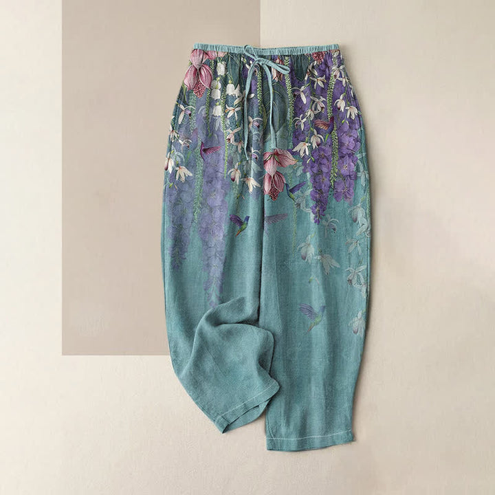 Buddha Stones Pantaloni da donna in puro cotone con elastico in vita e tasche, fantasia floreale con uccellini. - Turchese - US16, UK/AU20, EU48 (3XL) - image 0