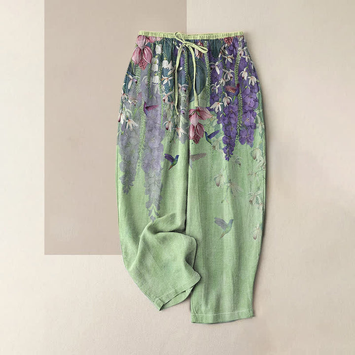 Buddha Stones Pantaloni da donna in puro cotone con elastico in vita e tasche, fantasia floreale con uccellini. - Verde chiaro - US16, UK/AU20, EU48 (3XL) - image 3