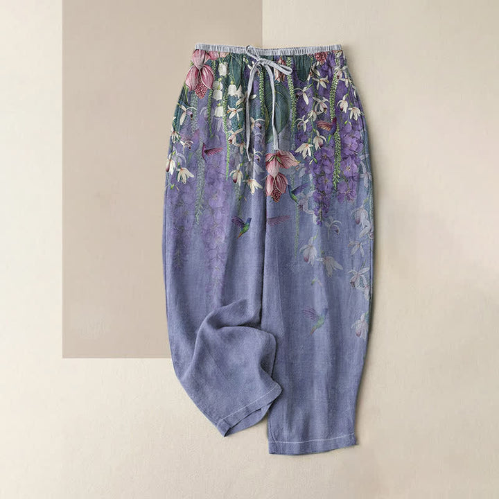 Buddha Stones Pantaloni da donna in puro cotone con elastico in vita e tasche, fantasia floreale con uccellini. - Viola medio - US16, UK/AU20, EU48 (3XL) - image 4