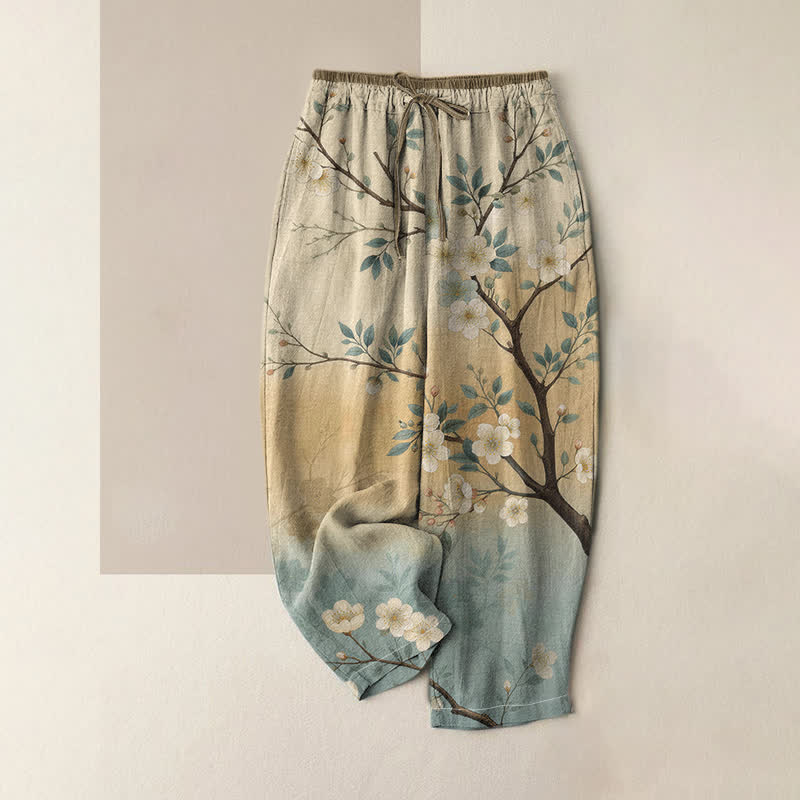 Buddha Stones Pantaloni da donna in puro cotone con elastico in vita e tasche, fantasia a ramoscelli di fiori d'inchiostro. - Beige - US16, UK/AU20, EU48 (3XL) - image 0