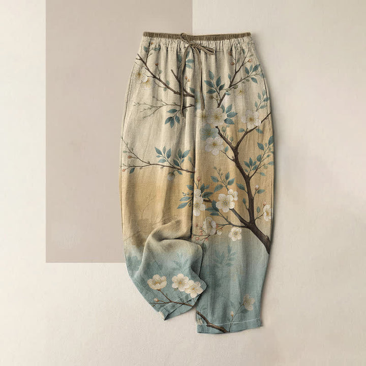 Buddha Stones Pantaloni da donna in puro cotone con elastico in vita e tasche, fantasia a ramoscelli di fiori d'inchiostro. - Beige - US16, UK/AU20, EU48 (3XL) - image 0