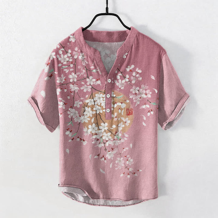 Buddha Stones Camicia da uomo a maniche corte con mezza abbottonatura, in cotone, con motivo a ramo di ciliegio e sole. - Rosso viola pallido - US/UK/AU50, EU60 (5XL) - image 0