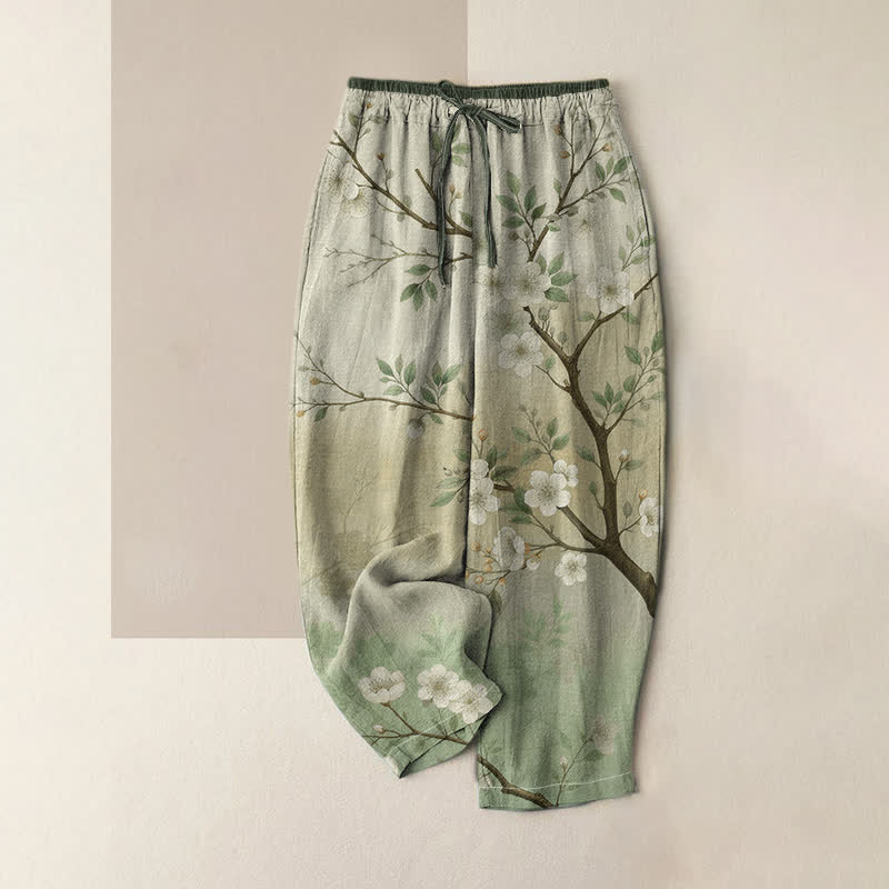 Buddha Stones Pantaloni da donna in puro cotone con elastico in vita e tasche, fantasia a ramoscelli di fiori d'inchiostro. - Verde pallido - US16, UK/AU20, EU48 (3XL) - image 3