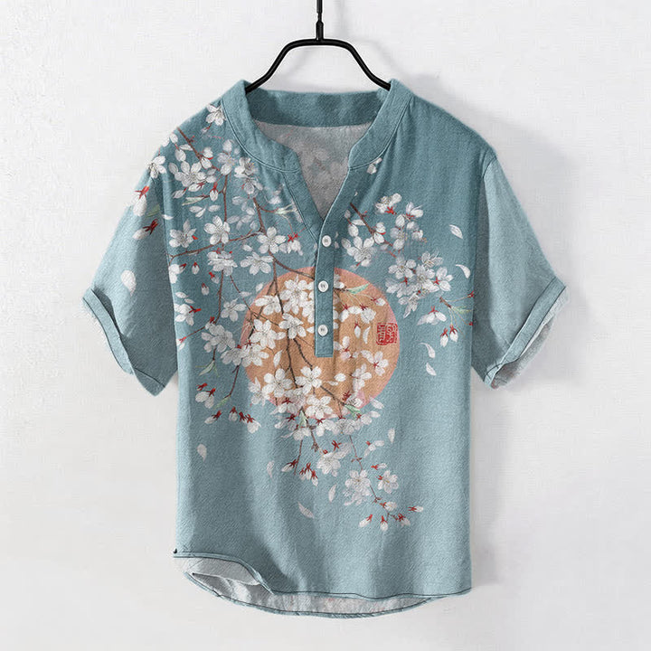 Buddha Stones Camicia da uomo a maniche corte con mezza abbottonatura, in cotone, con motivo a ramo di ciliegio e sole. - Cadetto Blu - US/UK/AU50, EU60 (5XL) - image 5