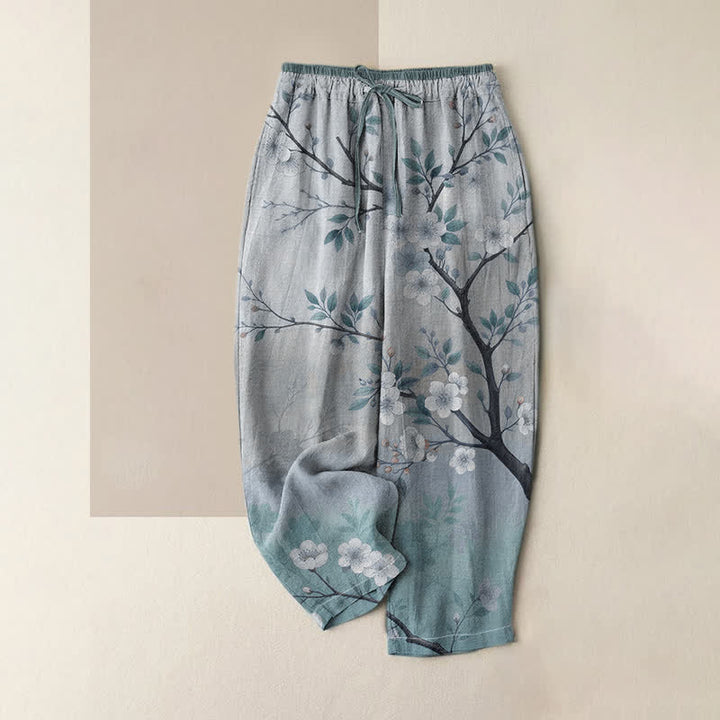 Buddha Stones Pantaloni da donna in puro cotone con elastico in vita e tasche, fantasia a ramoscelli di fiori d'inchiostro. - Cadetto Blu - US16, UK/AU20, EU48 (3XL) - image 4