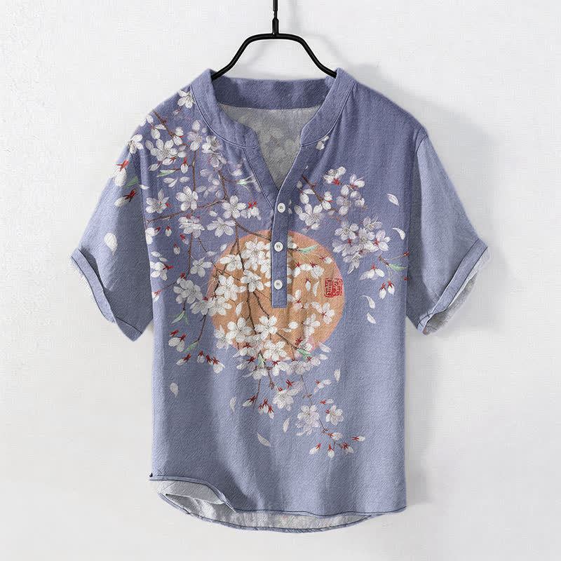 Buddha Stones Camicia da uomo a maniche corte con mezza abbottonatura, in cotone, con motivo a ramo di ciliegio e sole. - Viola medio - US/UK/AU50, EU60 (5XL) - image 7