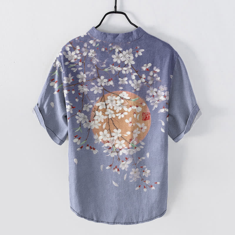 Buddha Stones Camicia da uomo a maniche corte con mezza abbottonatura, in cotone, con motivo a ramo di ciliegio e sole. - image 8