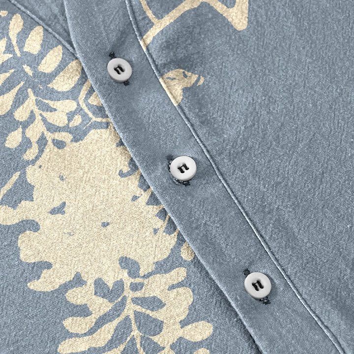 Buddha Stones Camicia da uomo a maniche corte con mezza abbottonatura e motivo floreale con pesci koi e viticci in cotone. - image 3