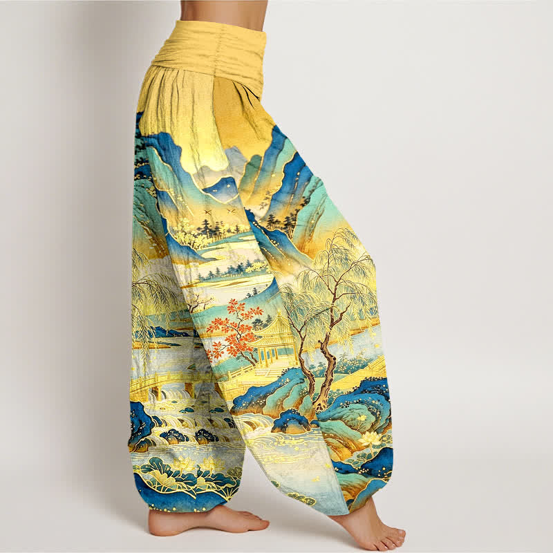 Buddha Stones Pantaloni harem da donna in cotone con motivo paesaggistico orientale e vita elasticizzata. - image 1