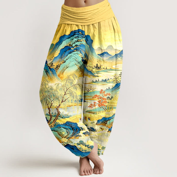 Buddha Stones Pantaloni harem da donna in cotone con motivo paesaggistico orientale e vita elasticizzata. - Giallo - US16, UK/AU20, EU48 (3XL) - image 0