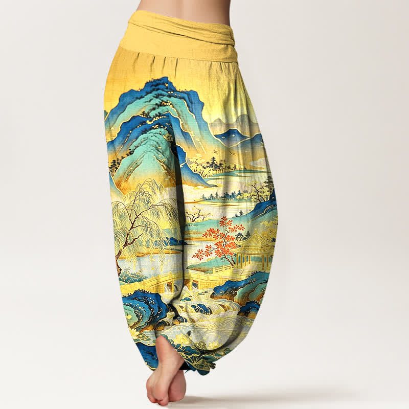 Buddha Stones Pantaloni harem da donna in cotone con motivo paesaggistico orientale e vita elasticizzata. - image 2