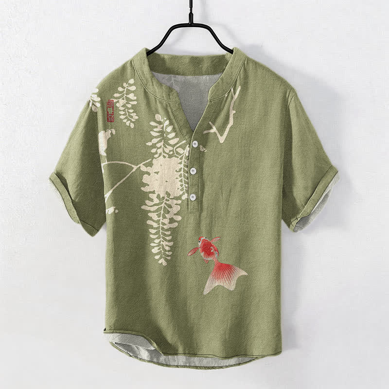 Buddha Stones Camicia da uomo a maniche corte con mezza abbottonatura e motivo floreale con pesci koi e viticci in cotone. - Verde oliva - US/UK/AU50, EU60 (5XL) - image 7