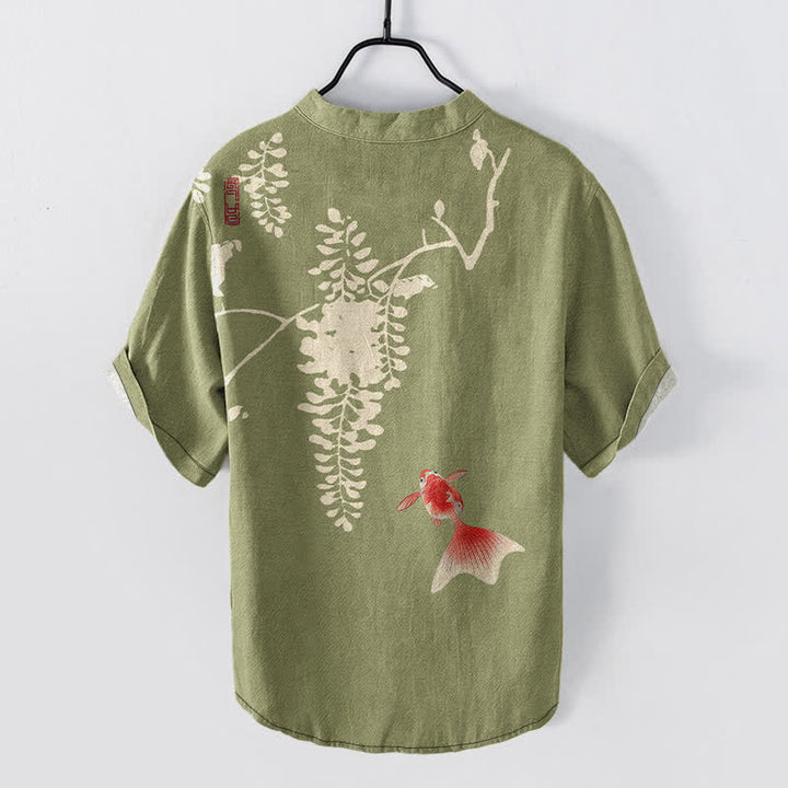 Buddha Stones Camicia da uomo a maniche corte con mezza abbottonatura e motivo floreale con pesci koi e viticci in cotone. - image 8
