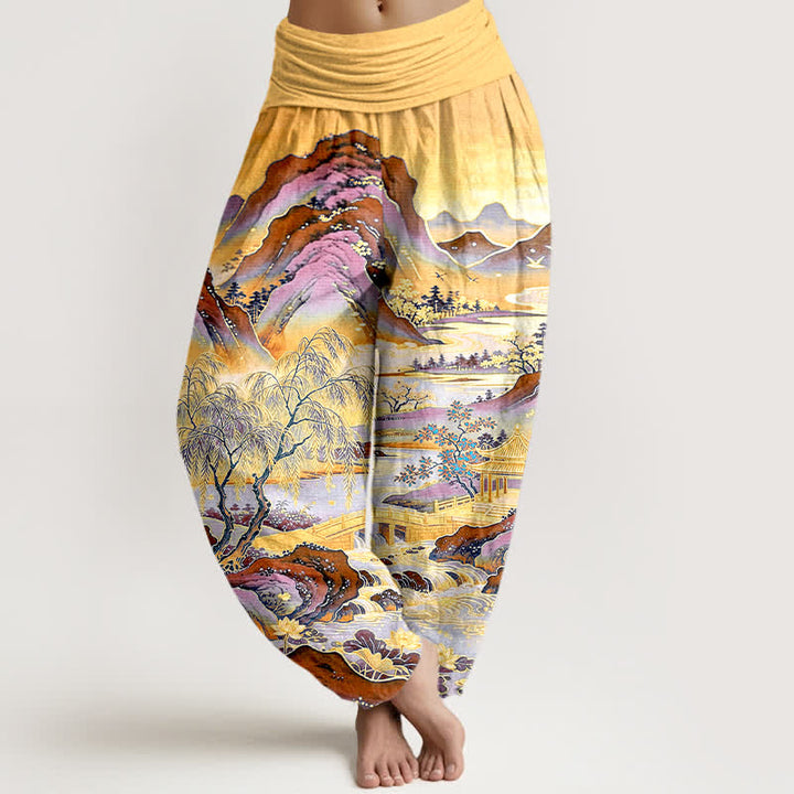 Buddha Stones Pantaloni harem da donna in cotone con motivo paesaggistico orientale e vita elasticizzata. - Oro - US16, UK/AU20, EU48 (3XL) - image 5