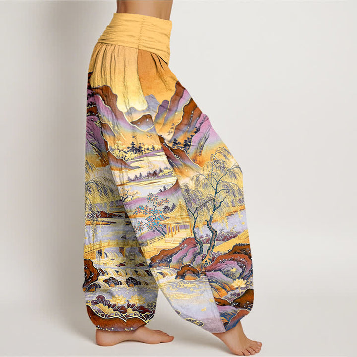 Buddha Stones Pantaloni harem da donna in cotone con motivo paesaggistico orientale e vita elasticizzata. - image 6