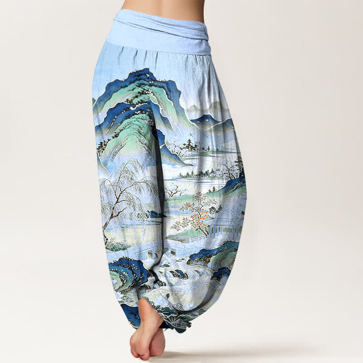 Buddha Stones Pantaloni harem da donna in cotone con motivo paesaggistico orientale e vita elasticizzata. - image 10