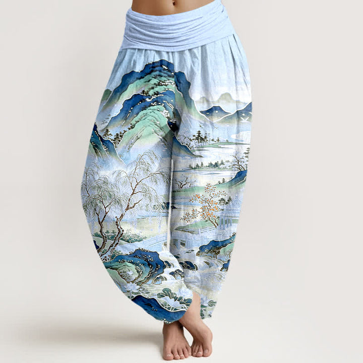 Buddha Stones Pantaloni harem da donna in cotone con motivo paesaggistico orientale e vita elasticizzata. - Azzurro chiaro - US16, UK/AU20, EU48 (3XL) - image 8