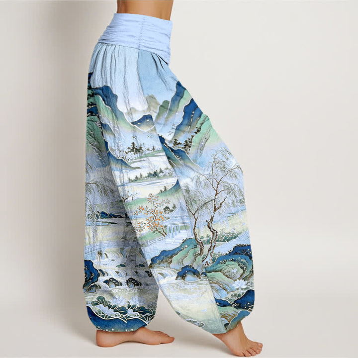 Buddha Stones Pantaloni harem da donna in cotone con motivo paesaggistico orientale e vita elasticizzata. - image 9