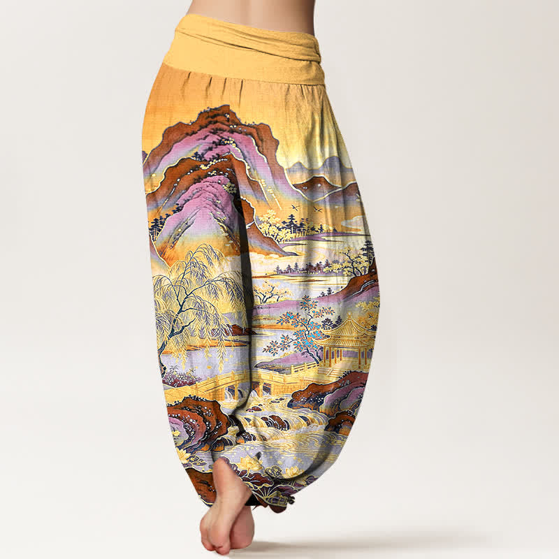 Buddha Stones Pantaloni harem da donna in cotone con motivo paesaggistico orientale e vita elasticizzata. - image 7