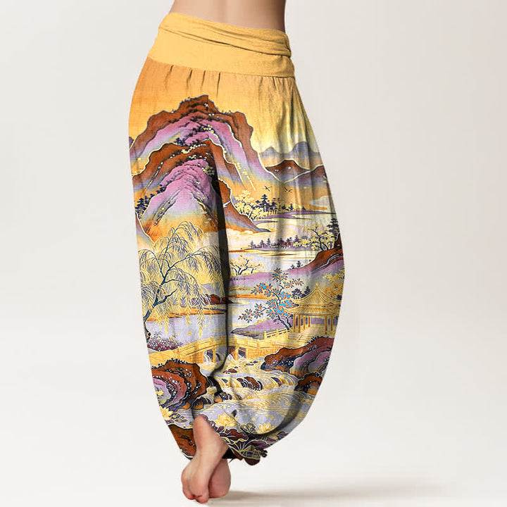 Buddha Stones Pantaloni harem da donna in cotone con motivo paesaggistico orientale e vita elasticizzata. - image 7