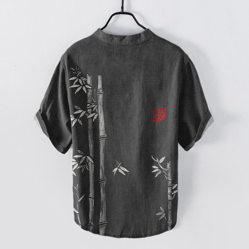 Buddha Stones Camicia da uomo a maniche corte con mezza abbottonatura, stampa a inchiostro di bambù, in cotone. - image 1