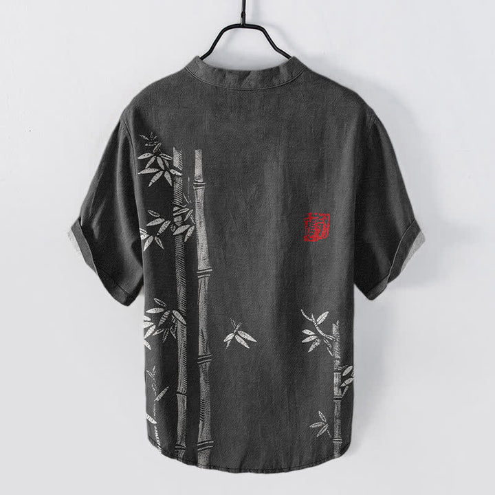 Buddha Stones Camicia da uomo a maniche corte con mezza abbottonatura, stampa a inchiostro di bambù, in cotone. - image 1