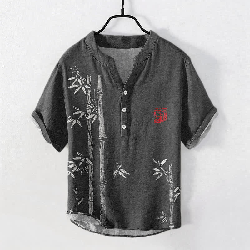 Buddha Stones Camicia da uomo a maniche corte con mezza abbottonatura, stampa a inchiostro di bambù, in cotone. - Nero - US/UK/AU50, EU60 (5XL) - image 0