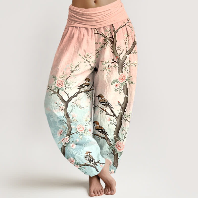 Buddha Stones Pantaloni harem da donna in cotone con motivo floreale orientale, uccelli e rami, con elastico in vita. - Rosa chiaro - US16, UK/AU20, EU48 (3XL) - image 0