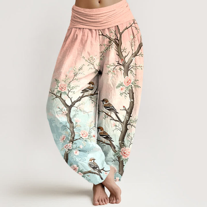 Buddha Stones Pantaloni harem da donna in cotone con motivo floreale orientale, uccelli e rami, con elastico in vita. - Rosa chiaro - US16, UK/AU20, EU48 (3XL) - image 0