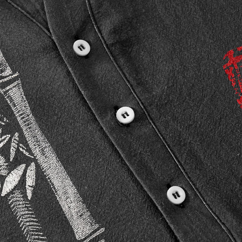 Buddha Stones Camicia da uomo a maniche corte con mezza abbottonatura, stampa a inchiostro di bambù, in cotone. - image 3