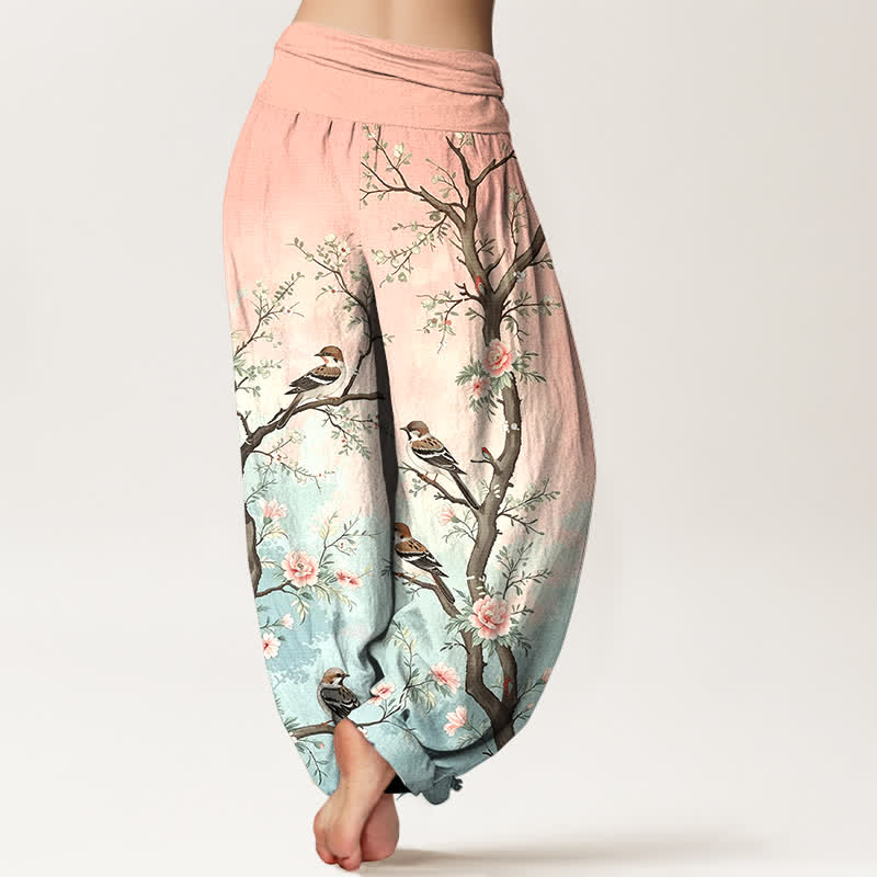 Buddha Stones Pantaloni harem da donna in cotone con motivo floreale orientale, uccelli e rami, con elastico in vita. - image 2