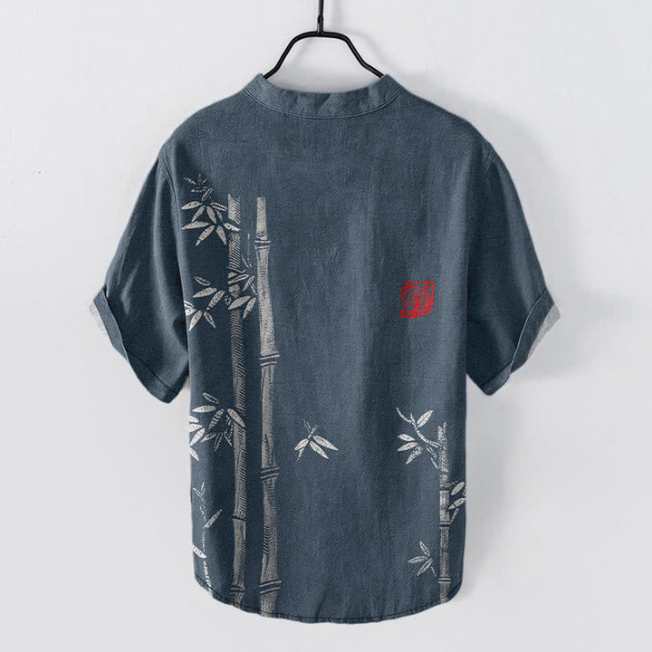 Buddha Stones Camicia da uomo a maniche corte con mezza abbottonatura, stampa a inchiostro di bambù, in cotone. - image 6