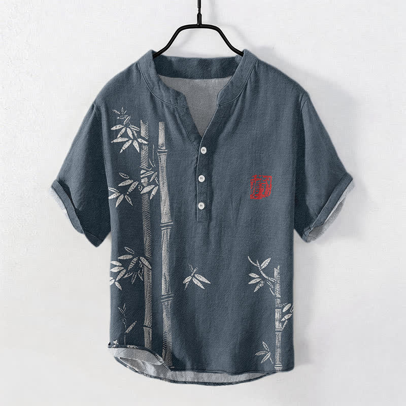 Buddha Stones Camicia da uomo a maniche corte con mezza abbottonatura, stampa a inchiostro di bambù, in cotone. - SteelBlue - US/UK/AU50, EU60 (5XL) - image 5