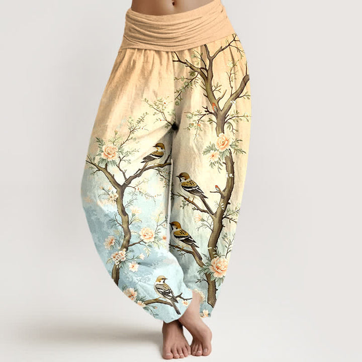 Buddha Stones Pantaloni harem da donna in cotone con motivo floreale orientale, uccelli e rami, con elastico in vita. - Grano - US16, UK/AU20, EU48 (3XL) - image 5