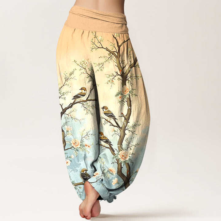 Buddha Stones Pantaloni harem da donna in cotone con motivo floreale orientale, uccelli e rami, con elastico in vita. - image 7