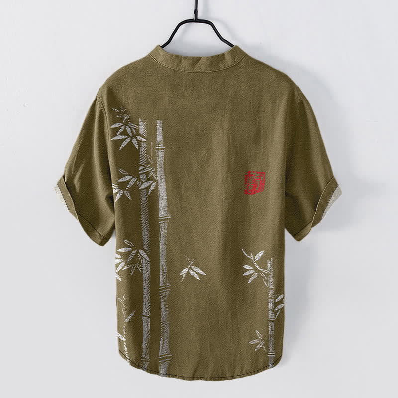 Buddha Stones Camicia da uomo a maniche corte con mezza abbottonatura, stampa a inchiostro di bambù, in cotone. - image 8