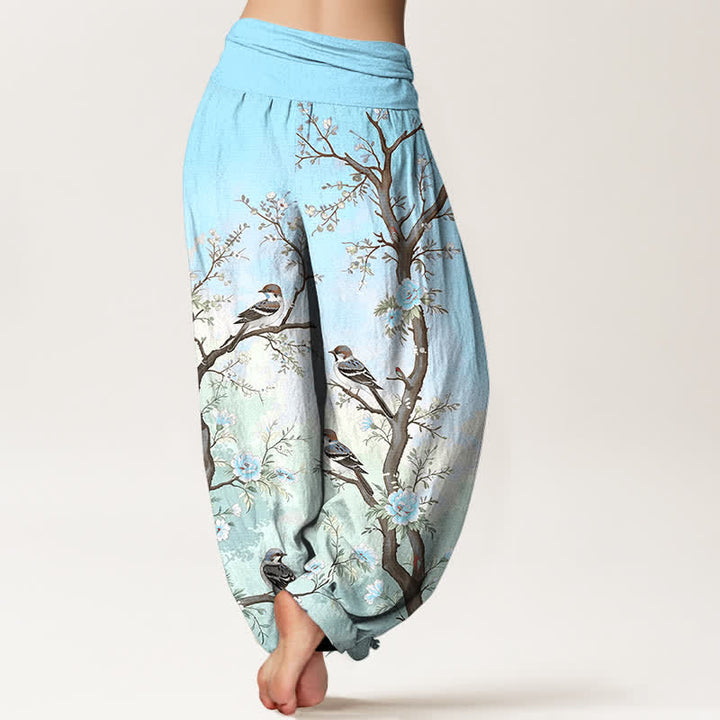 Buddha Stones Pantaloni harem da donna in cotone con motivo floreale orientale, uccelli e rami, con elastico in vita. - image 10