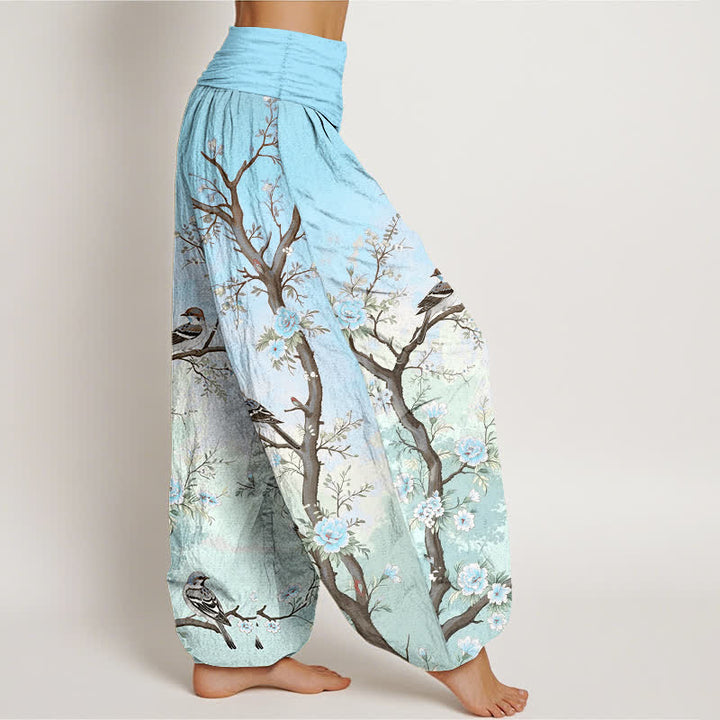 Buddha Stones Pantaloni harem da donna in cotone con motivo floreale orientale, uccelli e rami, con elastico in vita. - image 9