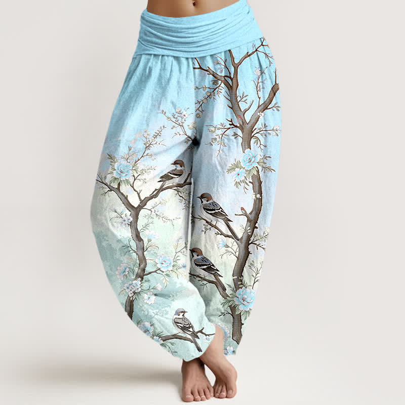 Buddha Stones Pantaloni harem da donna in cotone con motivo floreale orientale, uccelli e rami, con elastico in vita. - Ciano - US16, UK/AU20, EU48 (3XL) - image 8