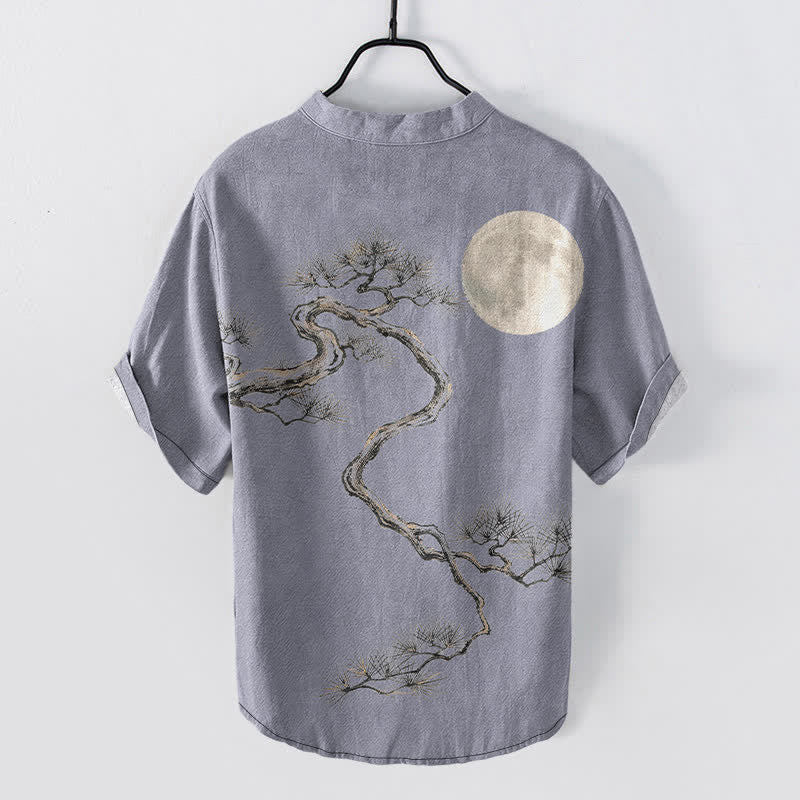 Buddha Stones Camicia da uomo a maniche corte con mezza abbottonatura, stampata su carta di cotone con motivo "Moon Pine". - image 1