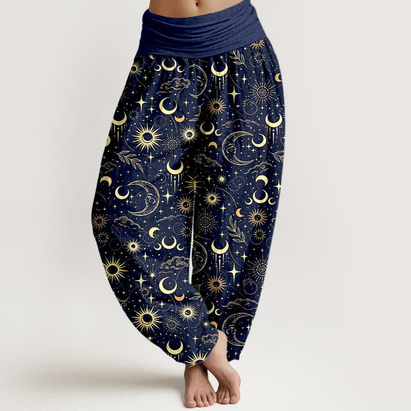 Buddha Stones Pantaloni harem da donna in cotone con motivo luna, sole e stelle, con elastico in vita. - Marina - US16, UK/AU20, EU48 (3XL) - image 0
