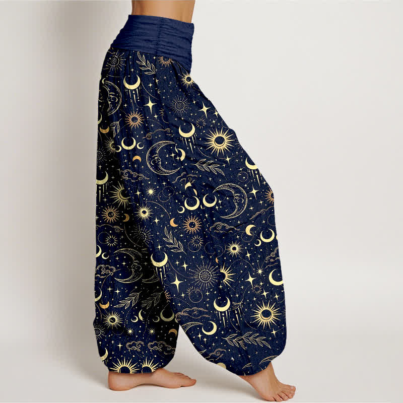 Buddha Stones Pantaloni harem da donna in cotone con motivo luna, sole e stelle, con elastico in vita. - image 1