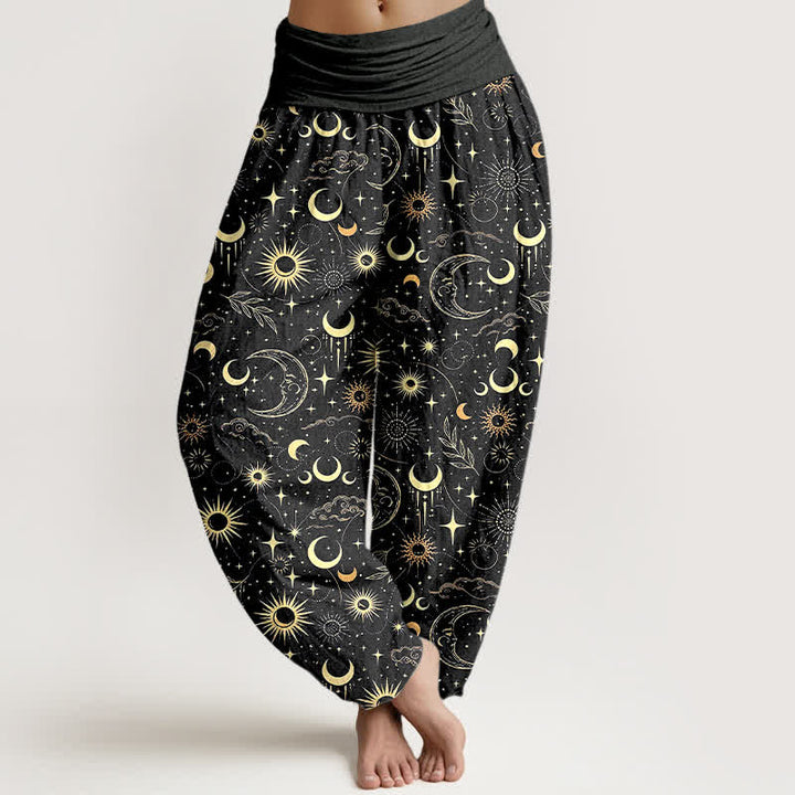 Buddha Stones Pantaloni harem da donna in cotone con motivo luna, sole e stelle, con elastico in vita. - Nero - US16, UK/AU20, EU48 (3XL) - image 5