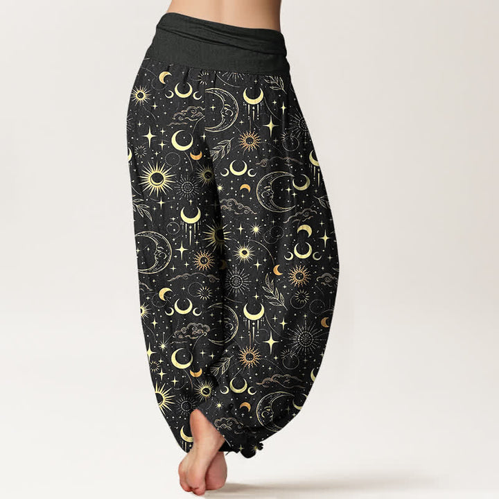 Buddha Stones Pantaloni harem da donna in cotone con motivo luna, sole e stelle, con elastico in vita. - image 7