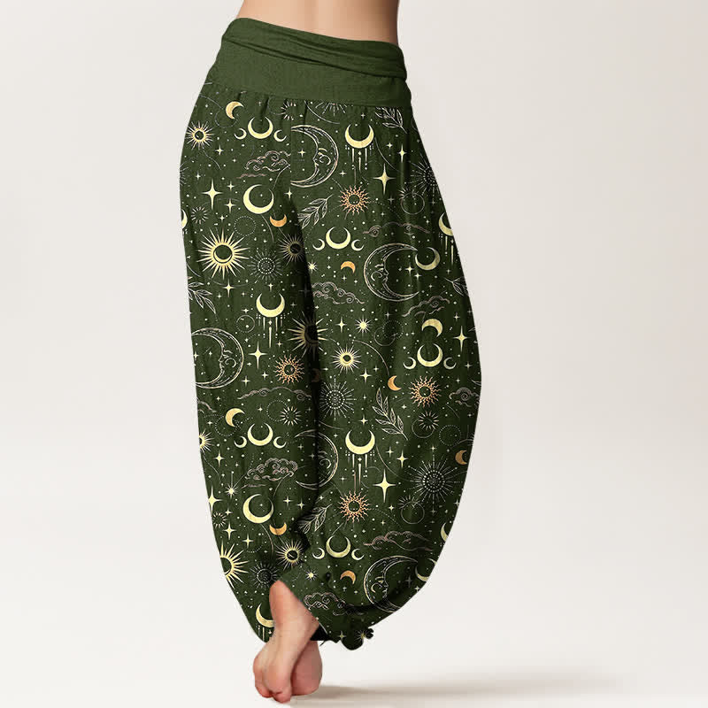 Buddha Stones Pantaloni harem da donna in cotone con motivo luna, sole e stelle, con elastico in vita. - image 10