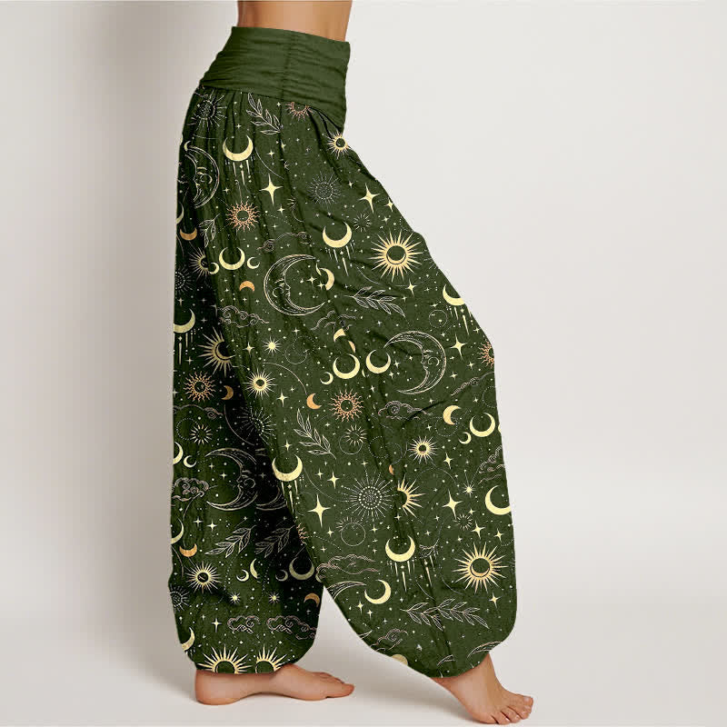 Buddha Stones Pantaloni harem da donna in cotone con motivo luna, sole e stelle, con elastico in vita. - image 9